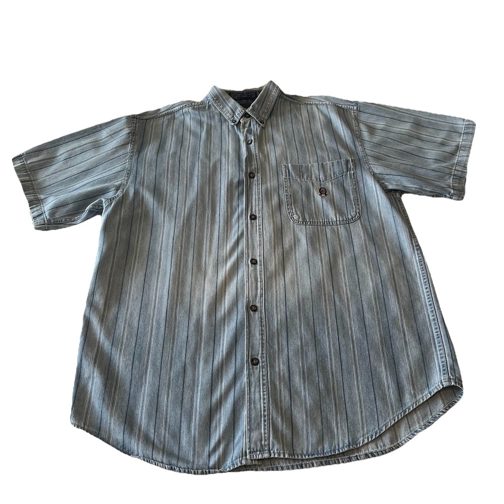 Vtg 90s Coliseum Jeans Denim Shirt Men's L Blue Stripe 100% Cotton SS Preppy Y2K